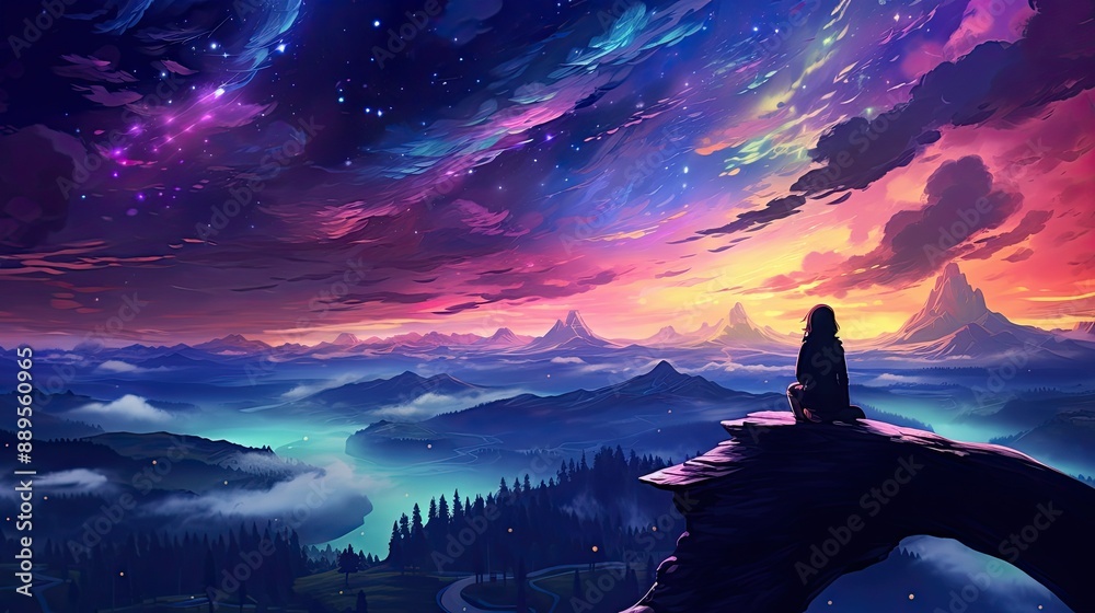 Silhouette of a Person on a Mountaintop with a Colorful Sky. Silhouette of a Person on a Mountaintop with a Colorful Sky.