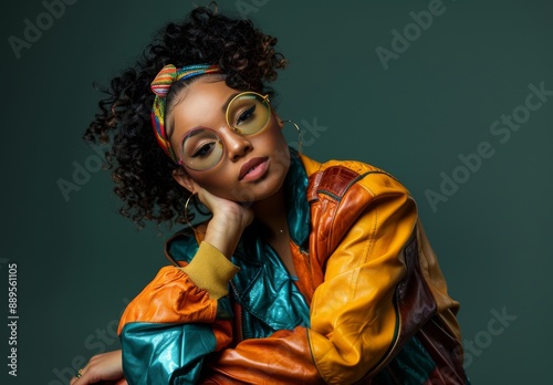 A black woman with retro 80's style in 1980s vintage fashion portrait. It's an Stock image.