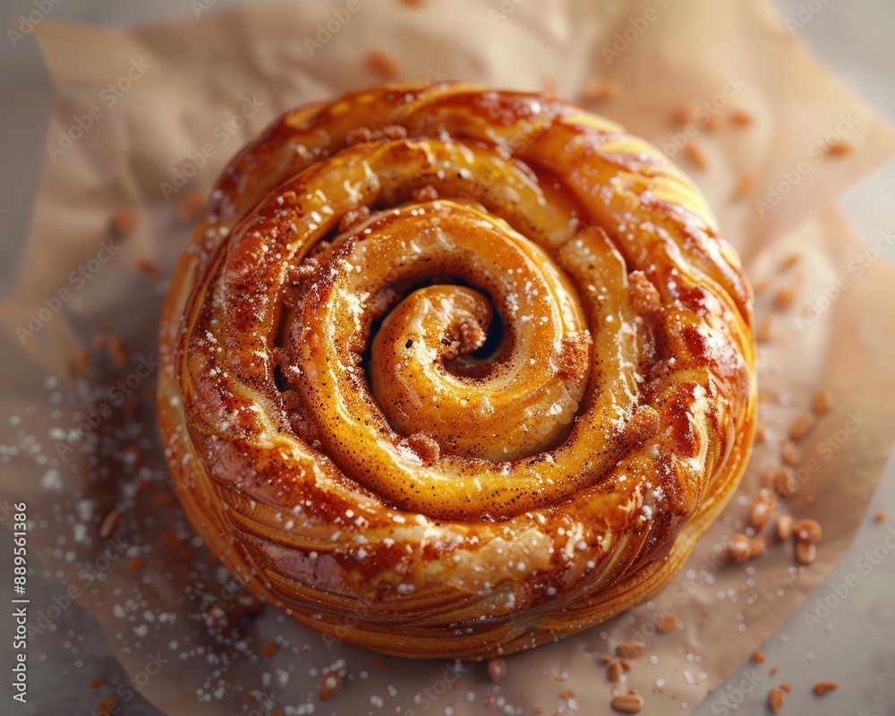 Close-up image of a delicious golden brown spiral pastry with caramel glaze, set on parchment paper with scattered sugar crystals. Close-up image of a delicious golden brown spiral pastry with caramel glaze, set on parchment paper with scattered sugar crystals.