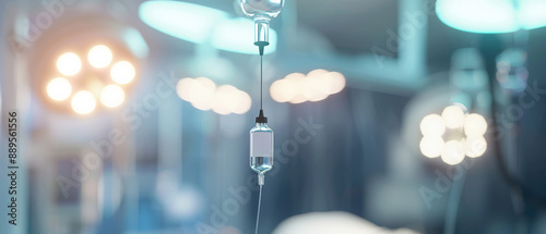 An intravenous (IV) drip chamber is prominently featured in a softly-lit medical facility with blurred lights and equipment in the background. photo