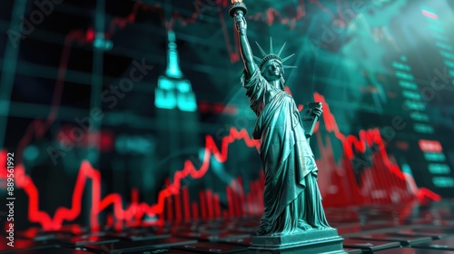 The statue of Liberty crying, inflation concept, a falling graph. The economic crisis in America. Decline in industrial production in the United States. The deterioration of the US economic indicators photo