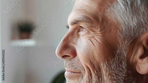 A close-up of an older man's face, looking away from the camera. He has white hair and a beard. He is smiling slightly.