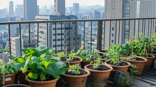 pumpkin seeds in large pots on a terrace overlooking the city generative ai