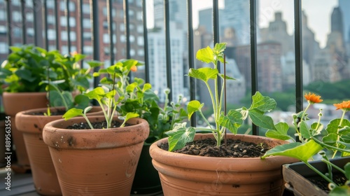 pumpkin seeds in large pots on a terrace overlooking the city generative ai