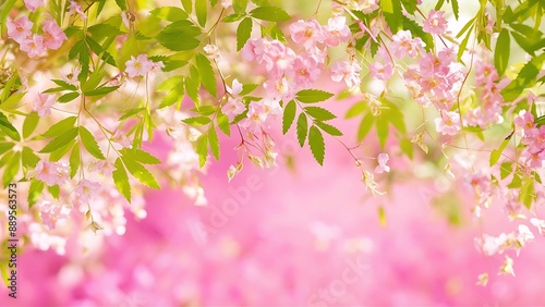 Beautiful pink background with flowers and green leaves natural background beautiful