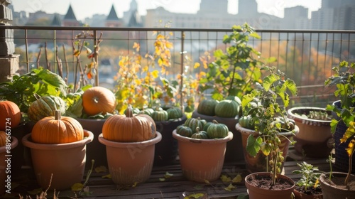 pumpkin seeds in large pots on a terrace overlooking the city generative ai