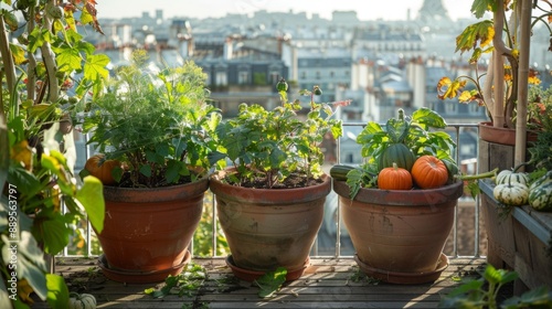 pumpkin seeds in large pots on a terrace overlooking the city generative ai