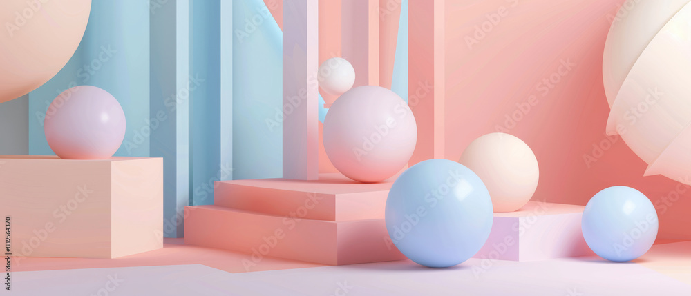 A pastel-hued geometric ensemble featuring spheres and angled structures, evoking a sense of calm and modernity in a whimsical abstract setting. A pastel-hued geometric ensemble featuring spheres and angled structures, evoking a sense of calm and modernity in a whimsical abstract setting.
