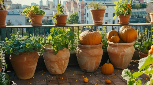 pumpkin seeds in large pots on a terrace overlooking the city generative ai