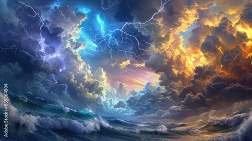 Obraz na płótnie A battle between mythical titans of the sea and sky amidst storm-tossed waves and swirling clouds, illuminated by bursts of lightning. w salonie