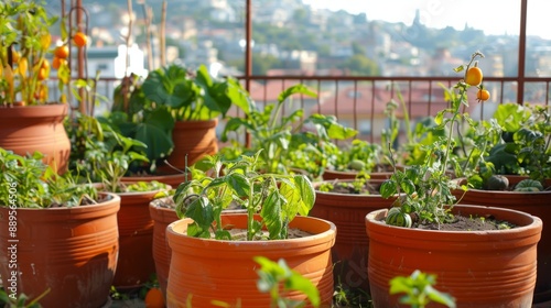 pumpkin seeds in large pots on a terrace overlooking the city generative ai