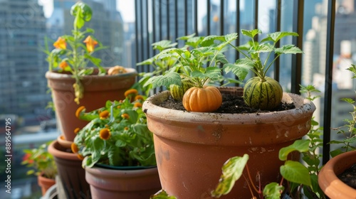 pumpkin seeds in large pots on a terrace overlooking the city generative ai