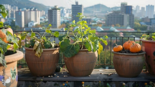 pumpkin seeds in large pots on a terrace overlooking the city generative ai