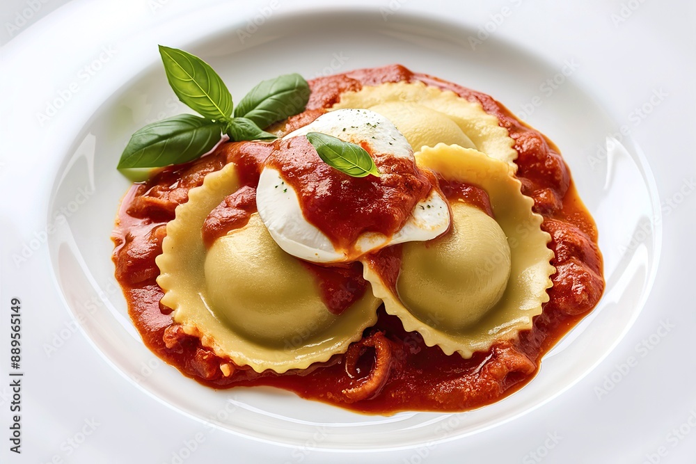 A delectable and visually appealing photo of a plate featuring Pasta Italiana ravioli, adorned with fresh mozzarella cheese A delectable and visually appealing photo of a plate featuring Pasta Italiana ravioli, adorned with fresh mozzarella cheese