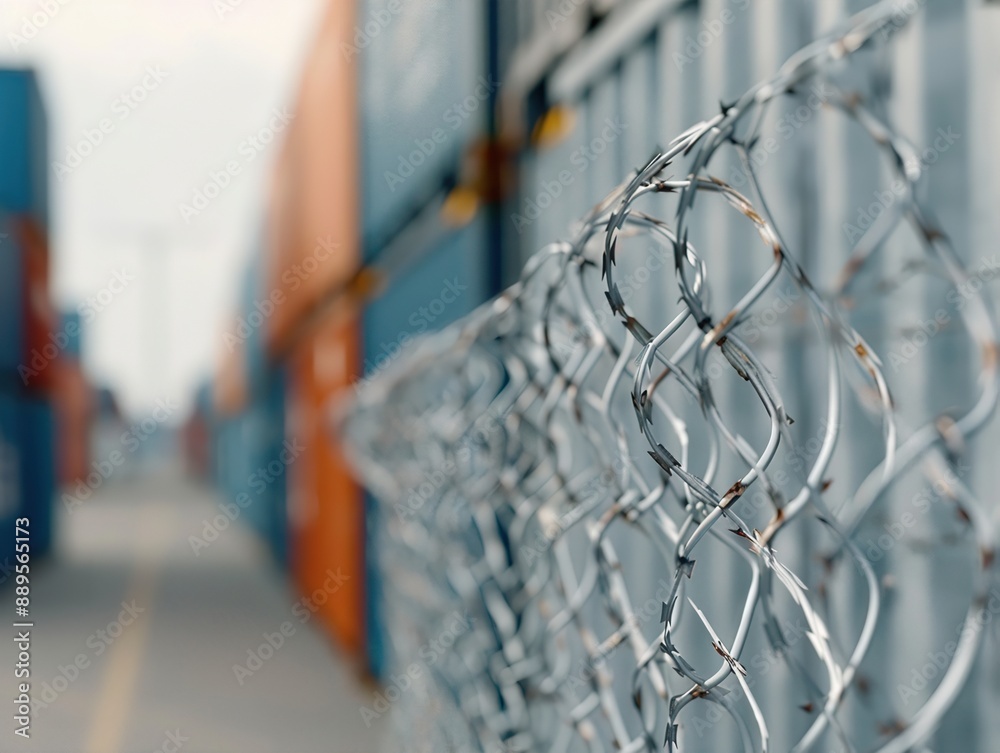 Close-up of barbed wire fence with blurred shipping containers in the background, conveying security and industrial feel. Close-up of barbed wire fence with blurred shipping containers in the background, conveying security and industrial feel.