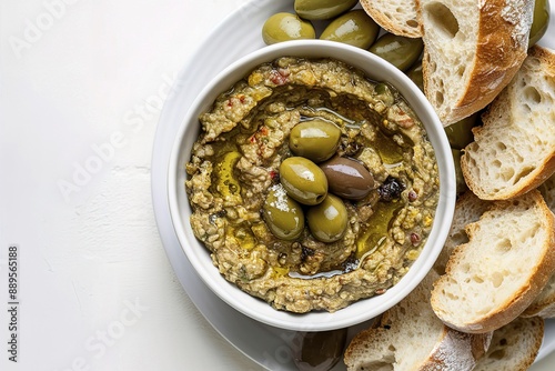 A delectable spread of olive tapenade on a rustic, homemade bread photo