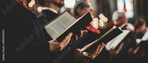 Hands holding hymn books during a choral performance in a dimly lit, reverent setting of a traditional church. photo