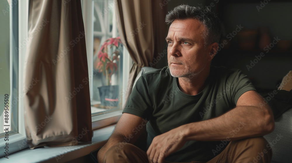 Fototapeta premium Man sitting on the sofa and looking out the window.