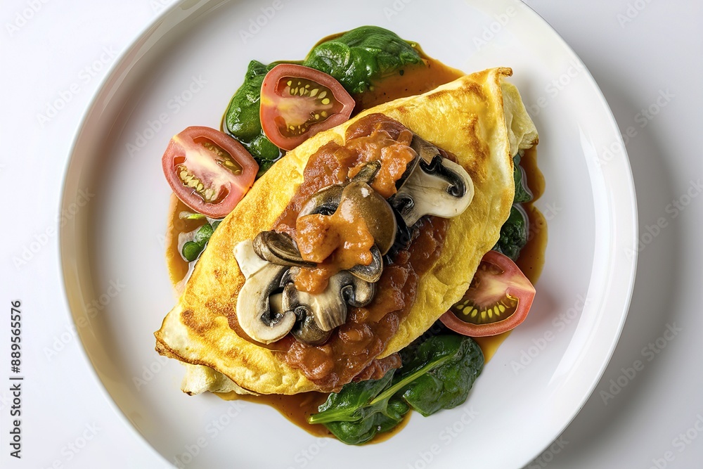 plate of culinary delight features a golden fried egg omelet, garnished with a rich mushroom sauce, fresh spinach sauce plate of culinary delight features a golden fried egg omelet, garnished with a rich mushroom sauce, fresh spinach sauce