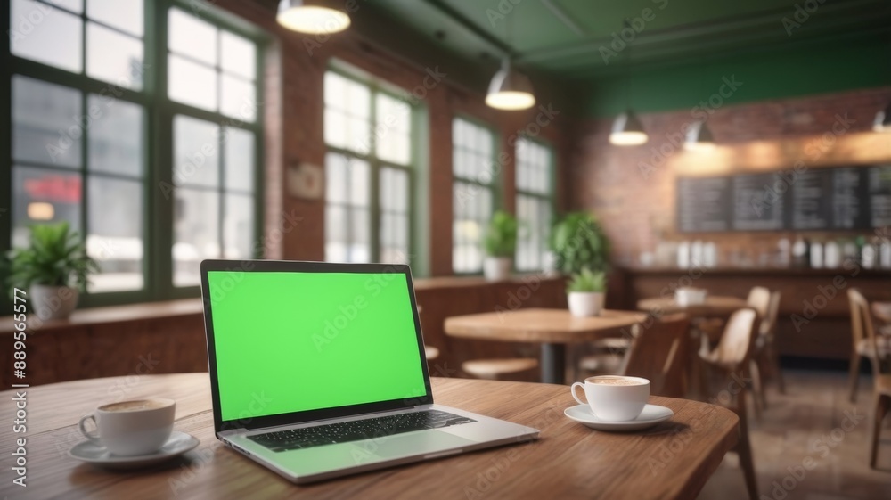 Laptop and cup of coffee on the table. the laptop screen only displays a green screen