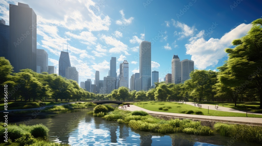 Fototapeta premium Urban Park with Skyscraper View.