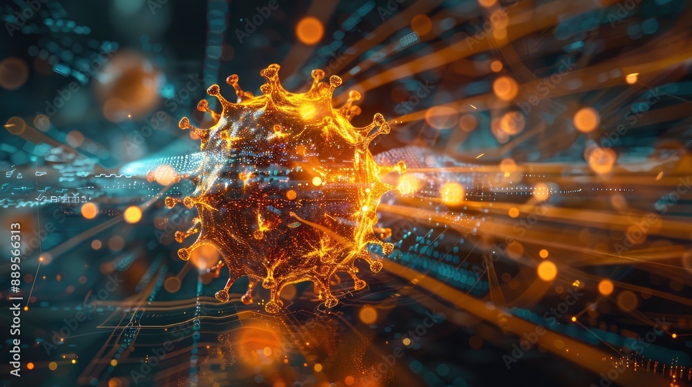 A virus particle depicted in a futuristic digital landscape, with glowing lines and data streams surrounding it, symbolizing the intersection of technology and virology. A virus particle depicted in a futuristic digital landscape, with glowing lines and data streams surrounding it, symbolizing the intersection of technology and virology.