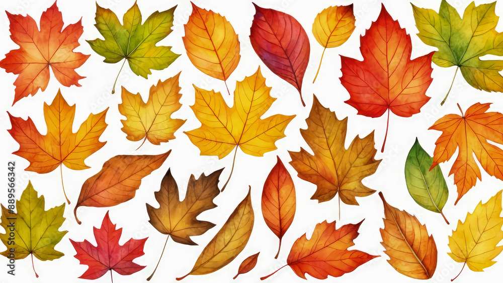 Autumn fallen leaves on white background. Various leaves range of vibrant fall colors scattered naturally across snow - white surface. Calm composition, serene autumnal feel. Watercolor painting. Autumn fallen leaves on white background. Various leaves range of vibrant fall colors scattered naturally across snow - white surface. Calm composition, serene autumnal feel. Watercolor painting.