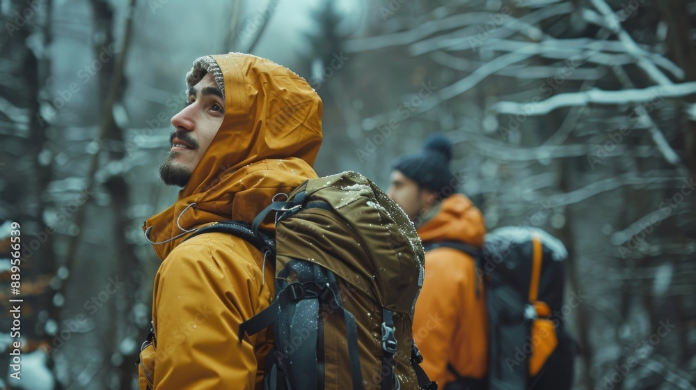 Winter Hiking Adventure: Two Friends Exploring Snowy Forest