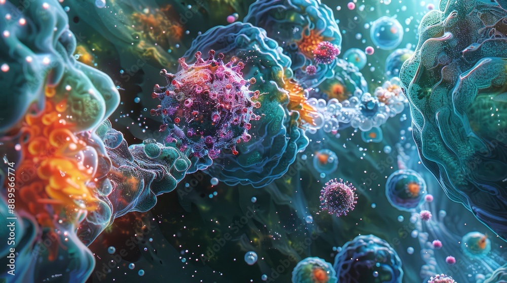 A close-up of virus particles being neutralized by antibodies, shown in a colorful and detailed scientific illustration style. A close-up of virus particles being neutralized by antibodies, shown in a colorful and detailed scientific illustration style.