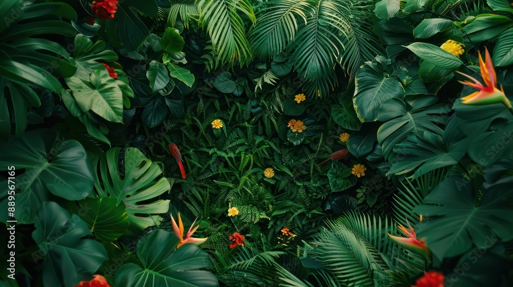 Naklejka premium Minimalist lush green jungle backdrop with exotic flowers and resting birds