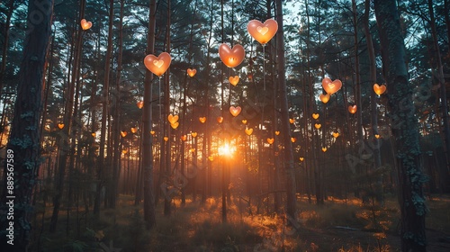 A forest scene at sunset with heart-shaped balloons floating in the sky, the trees bathed in a warm golden light, evoking a sense of romance and tranquility. Captured with a DSLR, wide-angle view,