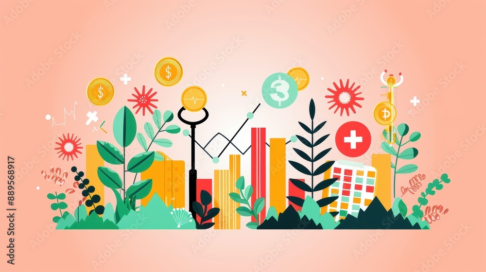 An abstract composition combining healthcare and financial symbols, including medical tools, coins, and growth graphs. The design emphasizes the strategic integration of financial planning in An abstract composition combining healthcare and financial symbols, including medical tools, coins, and growth graphs. The design emphasizes the strategic integration of financial planning in