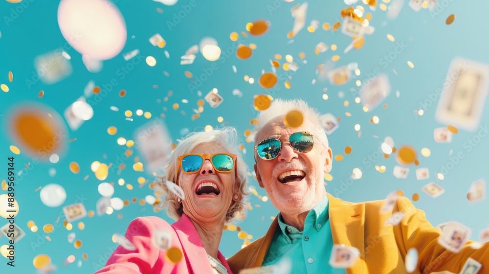 A joyful elderly couple celebrating retirement outdoors, surrounded by symbolic elements of financial growth such as coins and dollar bills. The scene includes copy space for integrating financial A joyful elderly couple celebrating retirement outdoors, surrounded by symbolic elements of financial growth such as coins and dollar bills. The scene includes copy space for integrating financial