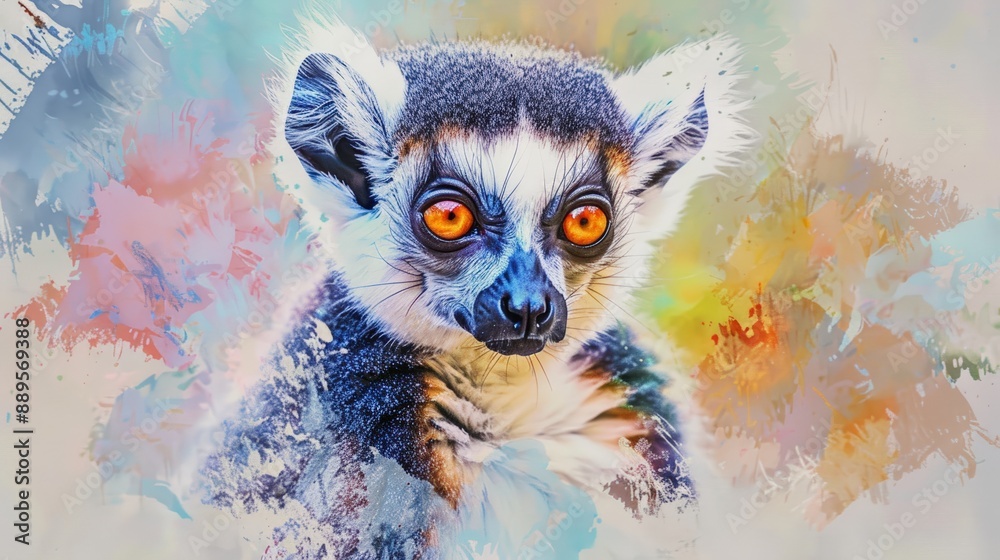 Colorful digital painting of a lemur with bright eyes, set against an abstract watercolor background.