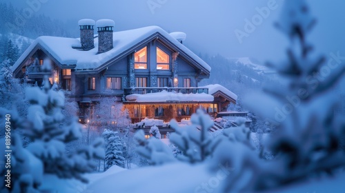 architectural photography of a snowy ski lodge exterior during twilight hour, with copy scape