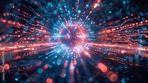 A futuristic digital landscape with a virus particle at the center, surrounded by glowing lines and data streams.