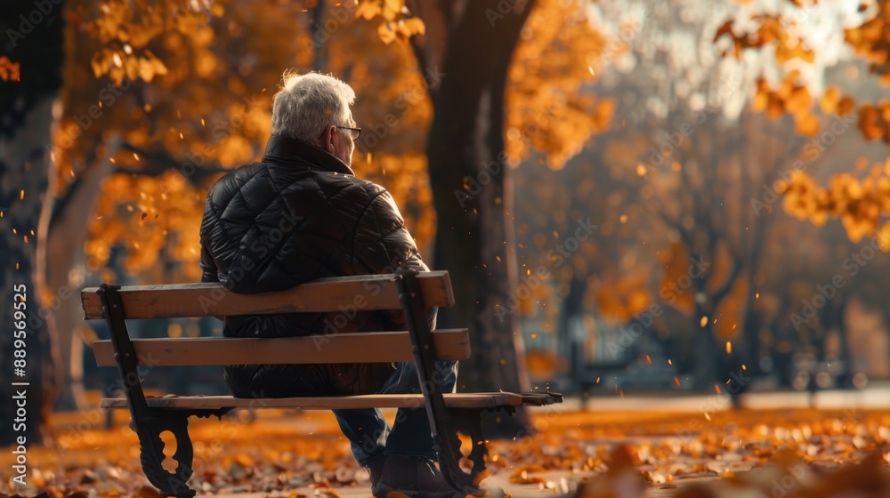 Elderly Man Contemplating on a Park Bench During Autumn Season Elderly Man Contemplating on a Park Bench During Autumn Season