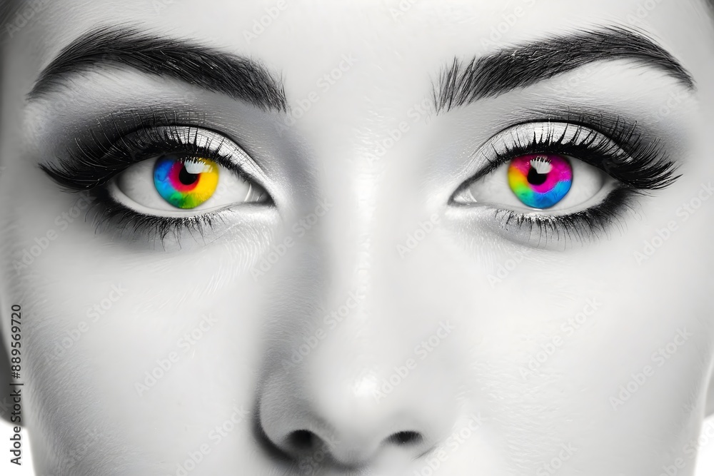 Monochrome close-up of a woman's eye with vibrant abstract colors Monochrome close-up of a woman's eye with vibrant abstract colors