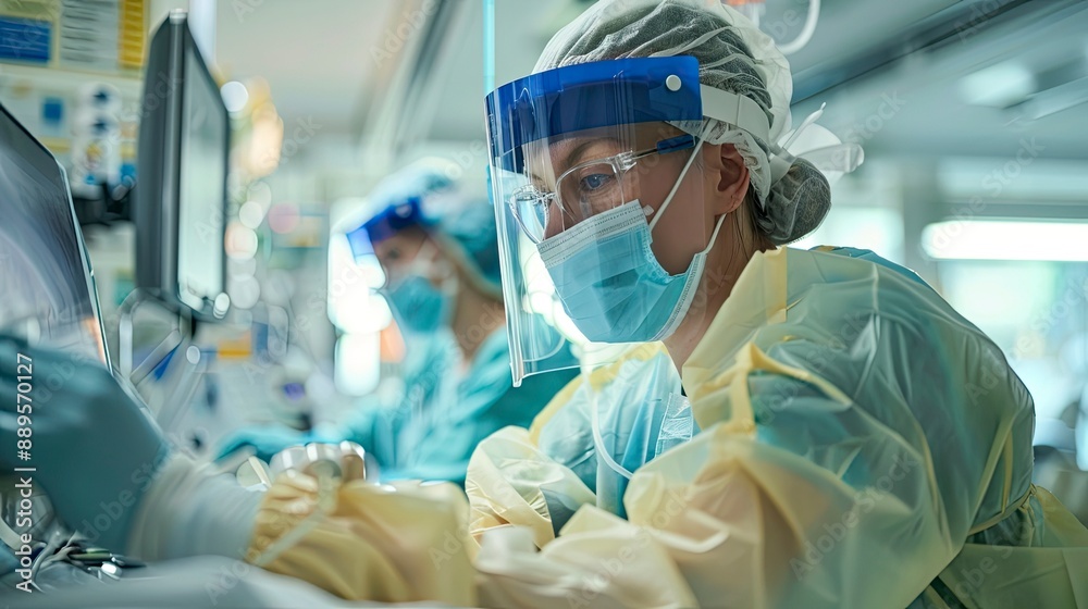 A healthcare worker in full protective gear performing a virus test on a patient, highlighting the safety measures and protocols in place. A healthcare worker in full protective gear performing a virus test on a patient, highlighting the safety measures and protocols in place.