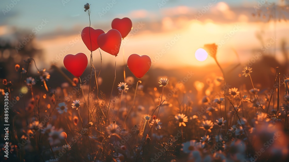 A meadow at sunset with heart-shaped balloons floating overhead, the flowers and grass illuminated by the soft glow of the setting sun, creating a peaceful and romantic scene. DSLR, wide-angle lens,