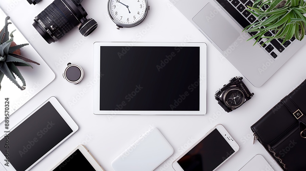 Clean white background with modern tech gadgets including a laptop, smartphone, and tablet, arranged in a stylish manner. 32k, full ultra HD, high resolution Clean white background with modern tech gadgets including a laptop, smartphone, and tablet, arranged in a stylish manner. 32k, full ultra HD, high resolution