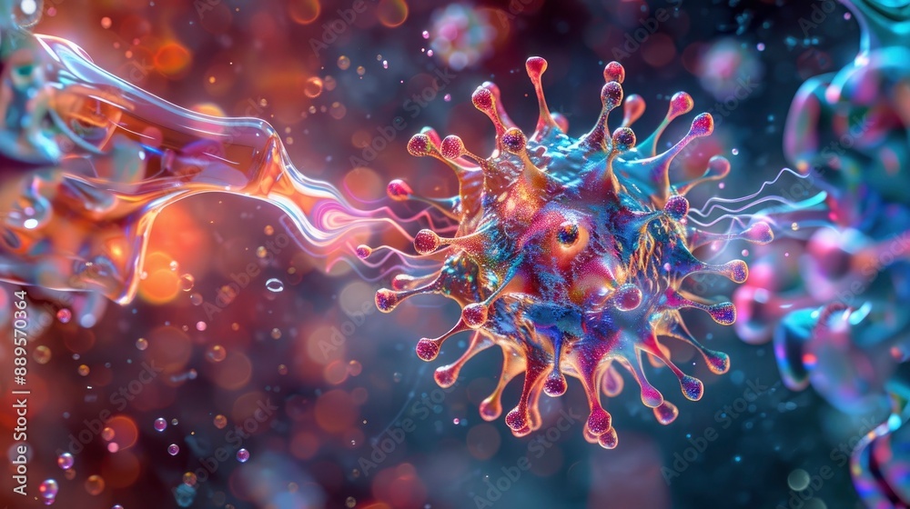 An artistic interpretation of a virus particle surrounded by vibrant, swirling colors, creating a sense of movement and energy. An artistic interpretation of a virus particle surrounded by vibrant, swirling colors, creating a sense of movement and energy.