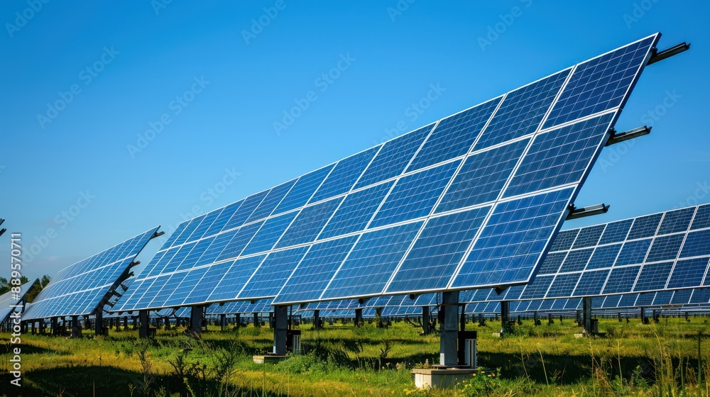 Array of photovoltaic panels in a solar farm under a clear blue sky. Array of photovoltaic panels in a solar farm under a clear blue sky.
