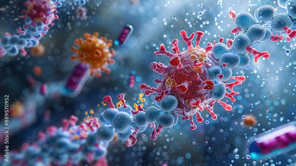 A close-up of a virus particle interacting with antiviral drugs, shown in a highly detailed scientific illustration style. A close-up of a virus particle interacting with antiviral drugs, shown in a highly detailed scientific illustration style.