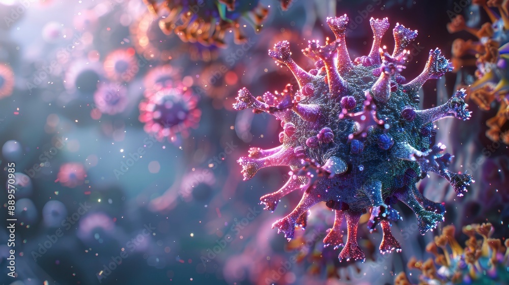 A close-up of a virus particle interacting with antiviral drugs, shown in a highly detailed scientific illustration style.
