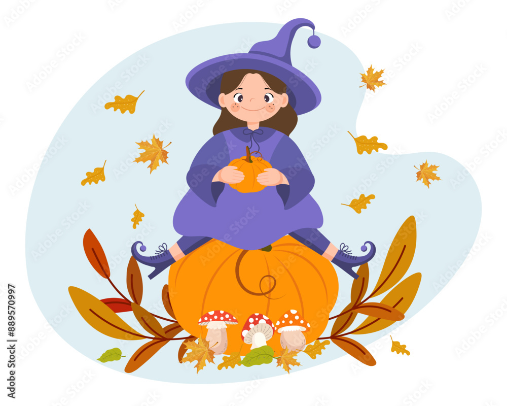 Naklejka premium Halloween illustration, cute little cartoon witch sits on a pumpkin and autumn leaves. Children's print, vector