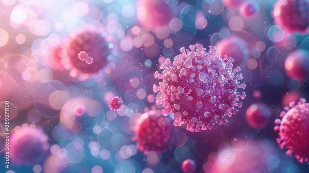 An image of virus particles floating in a fluid environment, with a focus on their spherical shapes and surface details. An image of virus particles floating in a fluid environment, with a focus on their spherical shapes and surface details.