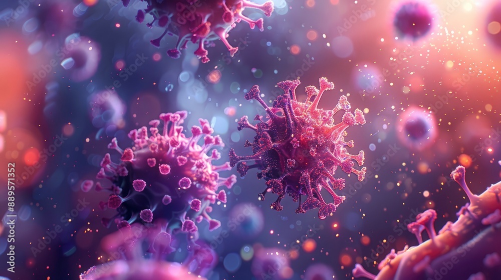 Fototapeta premium A close-up of virus particles being neutralized by antibodies, shown in a colorful and detailed illustration style.