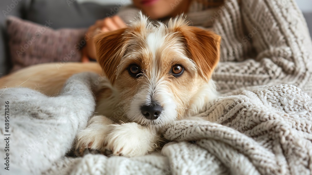 A playful puppy cuddling with its owner on a cozy couch, both smiling and relaxed, with a warm throw blanket and soft cushions adding to the snug ambiance. DSLR, wide-angle lens, high definition,