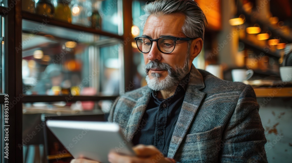 Businessman portrait of a businessman using a tablet in a coffee shop. Businessman portrait of a businessman using a tablet in a coffee shop.